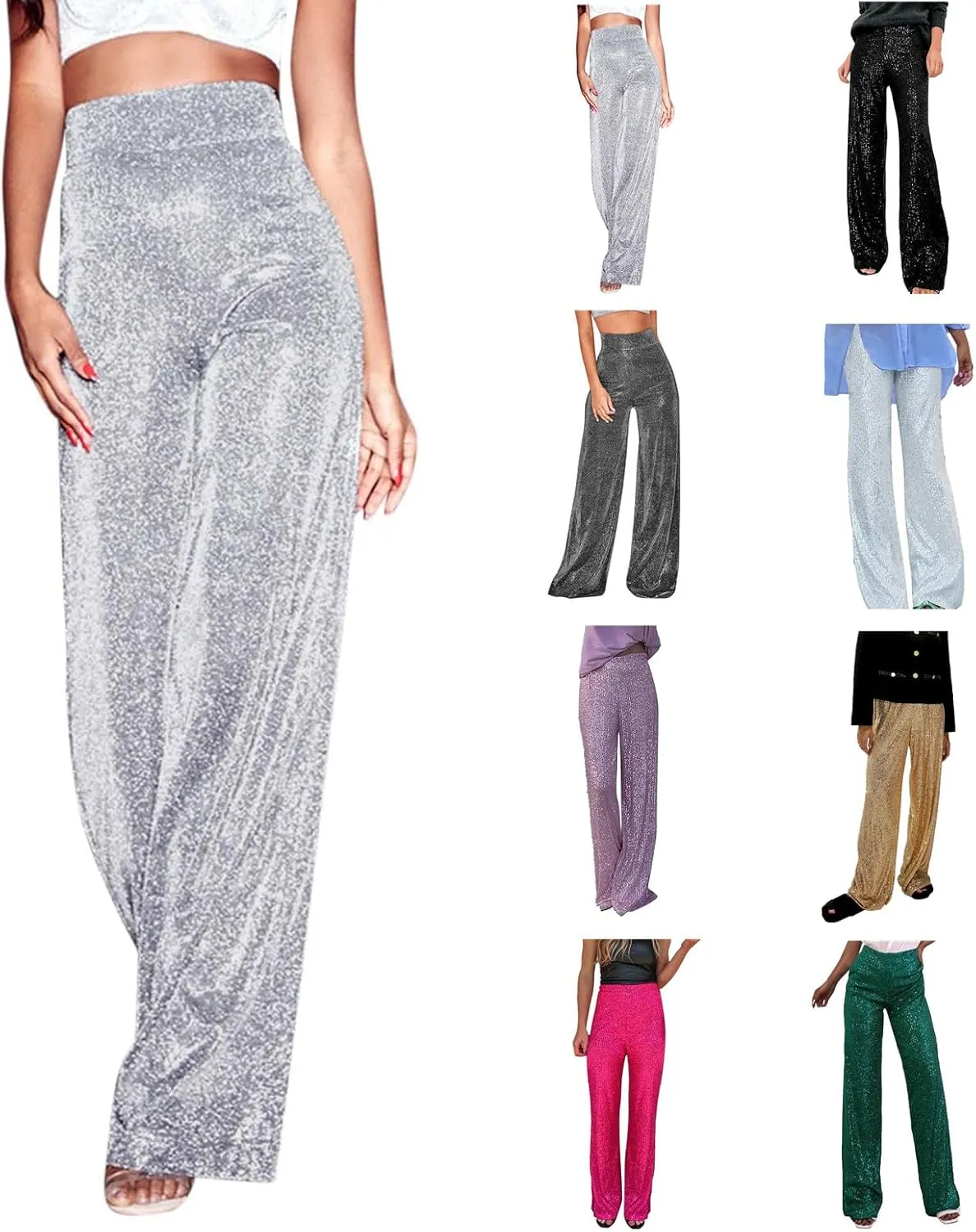 Sequin Pants for Women High Waisted Fashion Glitter Flare Bell Bottom Stretchy Casual Loose Night Party Wide Leg Trousers