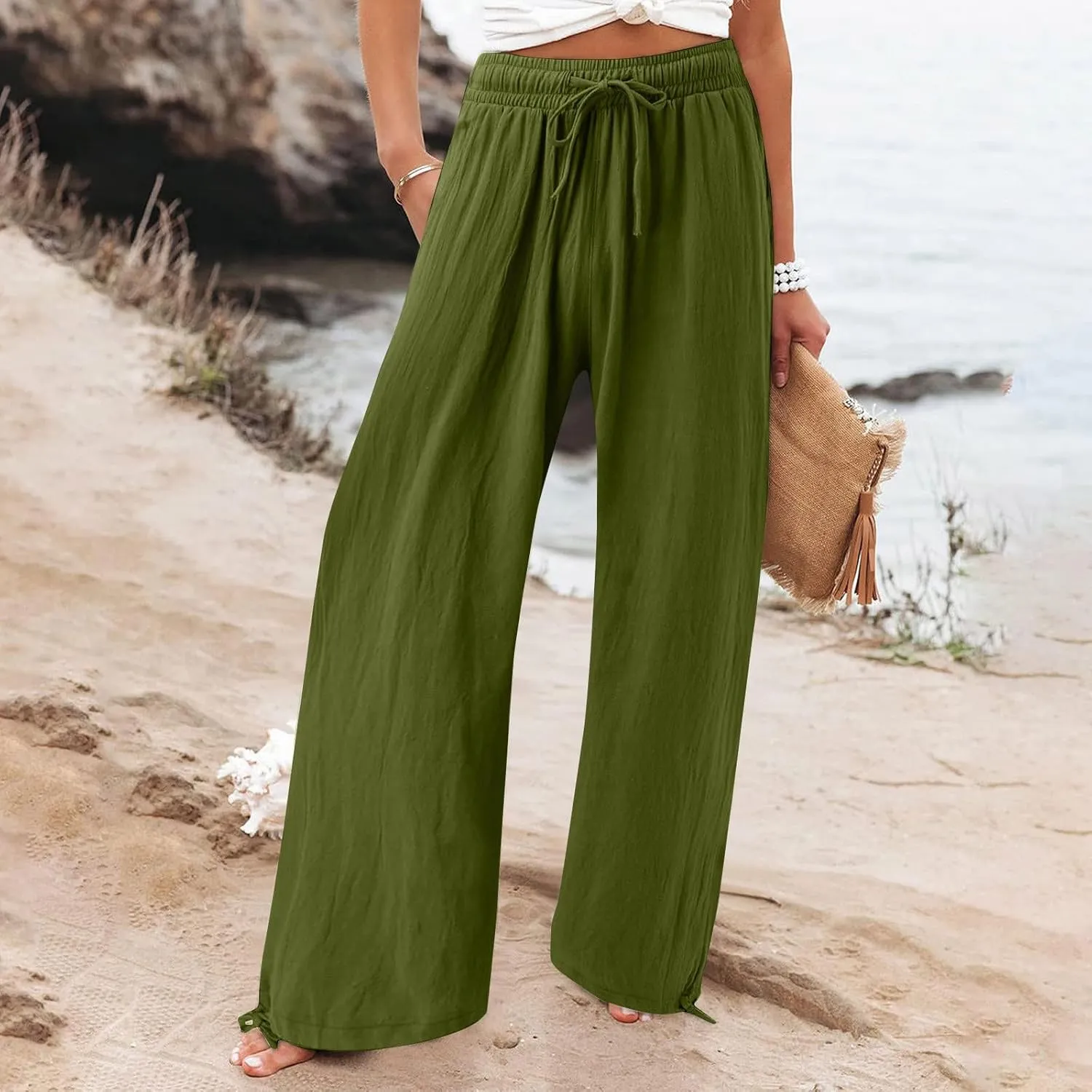 SHAOBGE Women Linen Palazzo Pants Summer Boho Wide Leg High Waist Casual Lounge Pant Trousers with Pockets