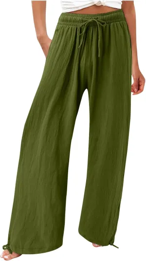SHAOBGE Women Linen Palazzo Pants Summer Boho Wide Leg High Waist Casual Lounge Pant Trousers with Pockets