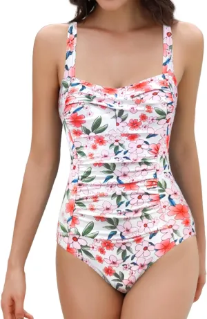 SHEKINI Women's Ruched Tummy Control Swimsuits Vintage Push Up One Piece Bathing Suit Padded Swimwear