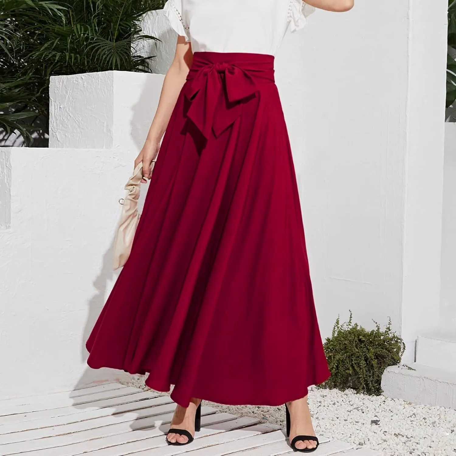 Skirts Black Women Bubble Long Skirt Y2k Flowy Swing a Line Maxi Skirt Cute Ruffle Pleated Midi Skirt