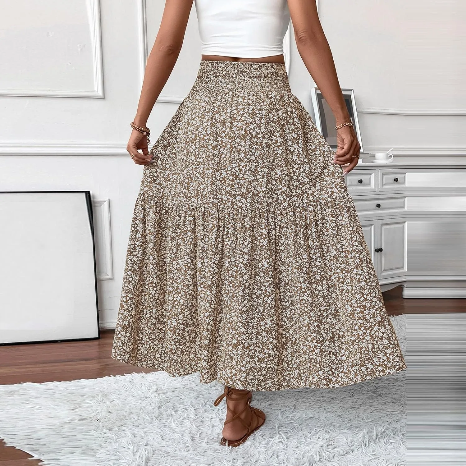 Skirts for Women Midi Length Women's Boho Floral Print Elastic High Waisted Swing A-Line Tiered Summer Beach Skirt