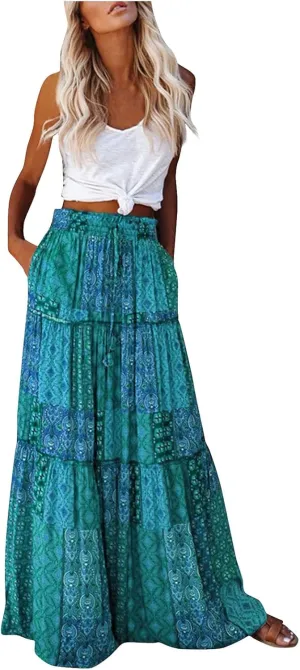 Skirts for Women Summer Casual Elastic High Waist Floral Paisley Boho Long Maxi