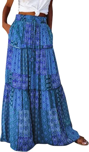 Skirts for Women Summer Flowy Tiered Elastic High Waisted Skirt Vacation Swing Long Floral Maxi Skirts