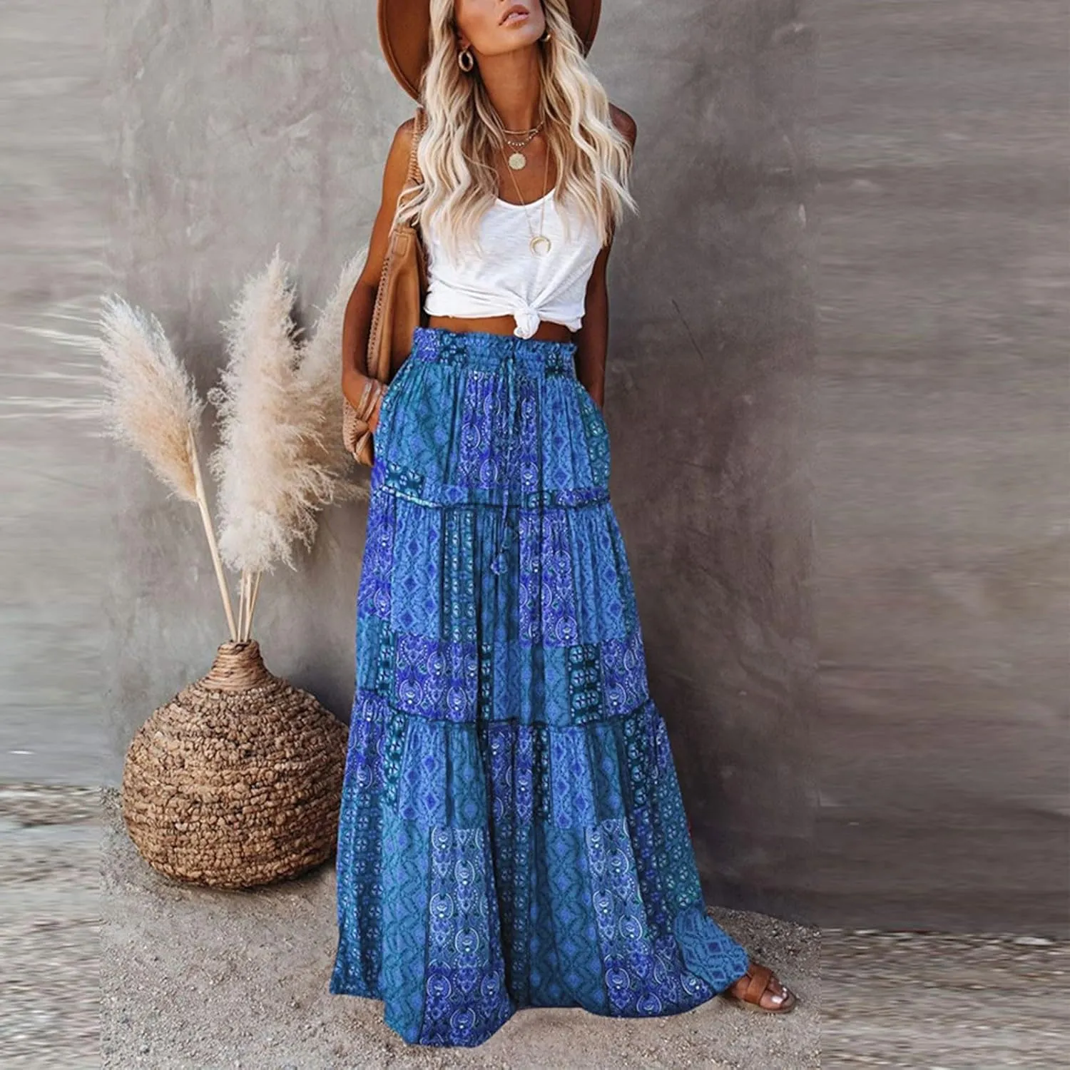 Skirts for Women,Womens Boho Maxi Skirt with Pockets Linen Flowy Long Skirts 2025 Elastic High Waisted Trendy