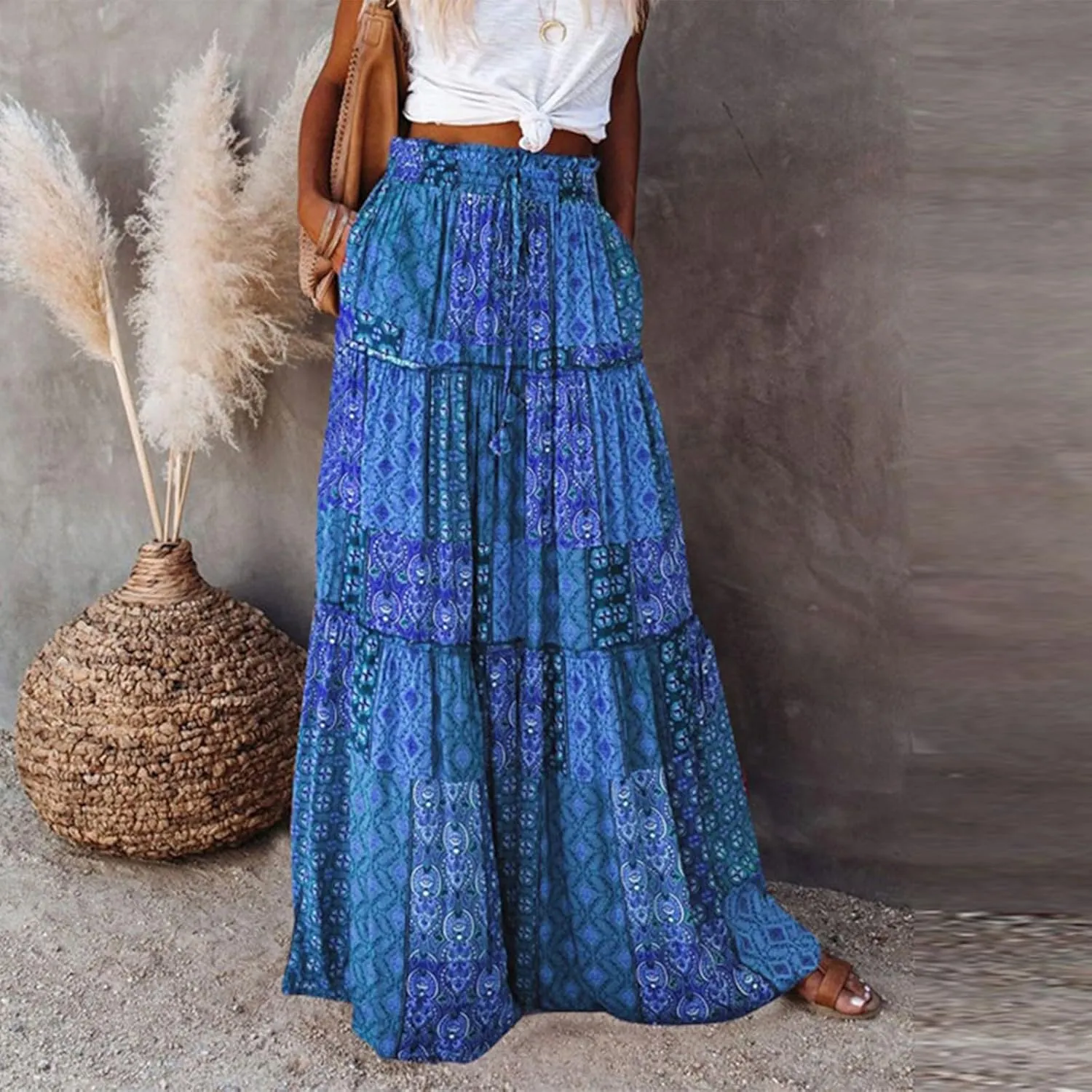 Skirts for Women,Womens Boho Maxi Skirt with Pockets Linen Flowy Long Skirts 2025 Elastic High Waisted Trendy