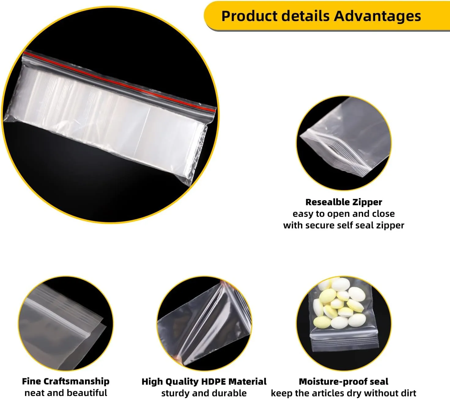 Small Zip Bags - 1000pcs, Transparent, Durable Plastic, 2x3 Inches, Resealable Zip Top Lock, Ideal for Vitamins, Snacks, Candy, Coins