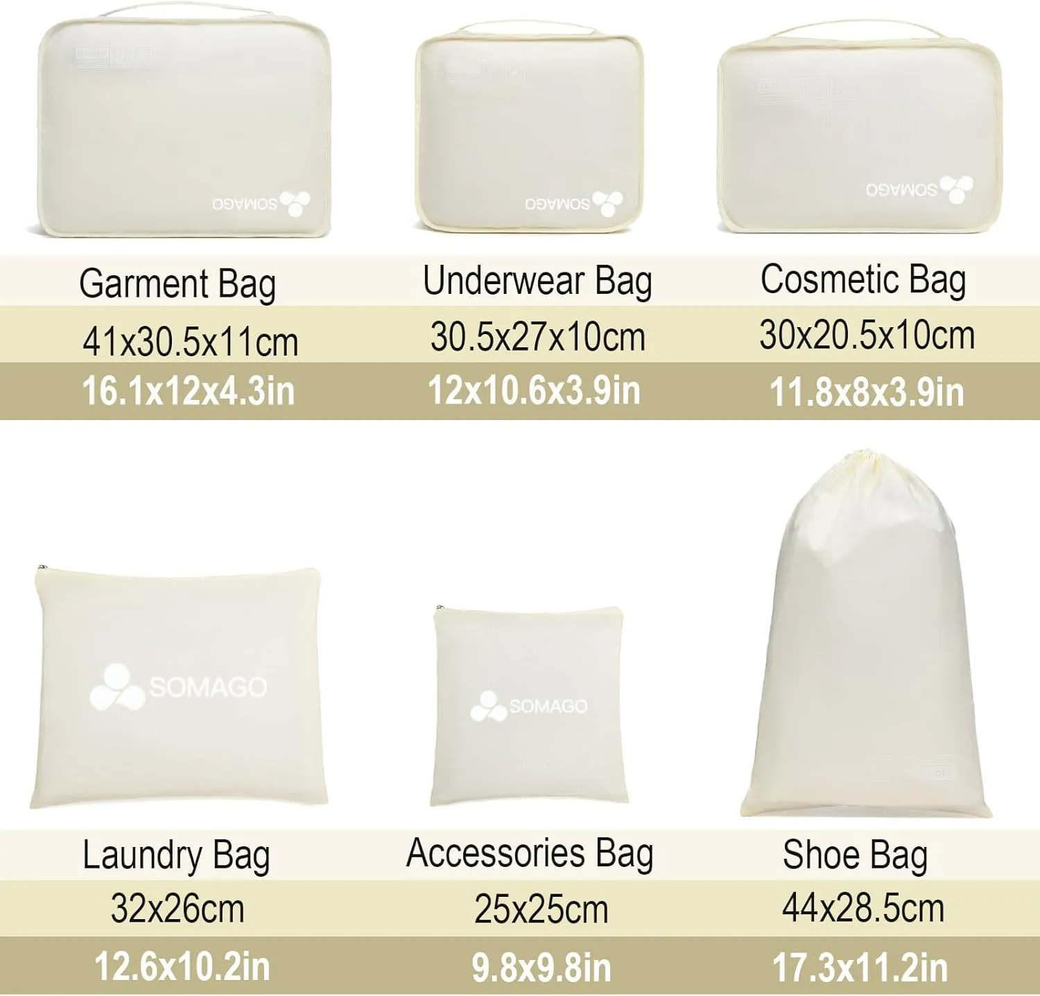 Somago Packing Cubes 6 Set Compression Space Saving Organizers for Suitcases and Luggage with Clothes Shoes Cosmetics Toiletries Storage Bags Travel Essentials (Creamy White)