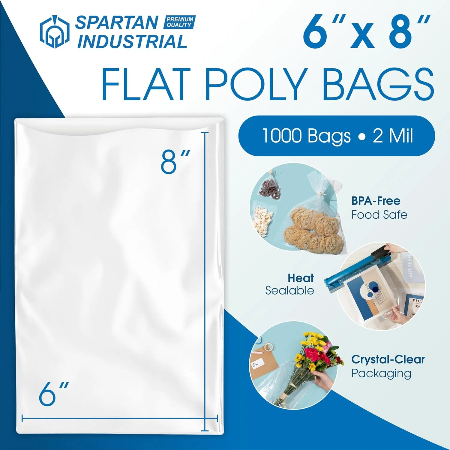 Spartan Industrial - 6" X 8" Open-End Flat Poly Bags (1000 Count) Heavy Duty 2 Mil Clear Plastic for Packaging Books, Pens, Collectibles (Bags Do Not Have Seal and Do Not Have Prints)