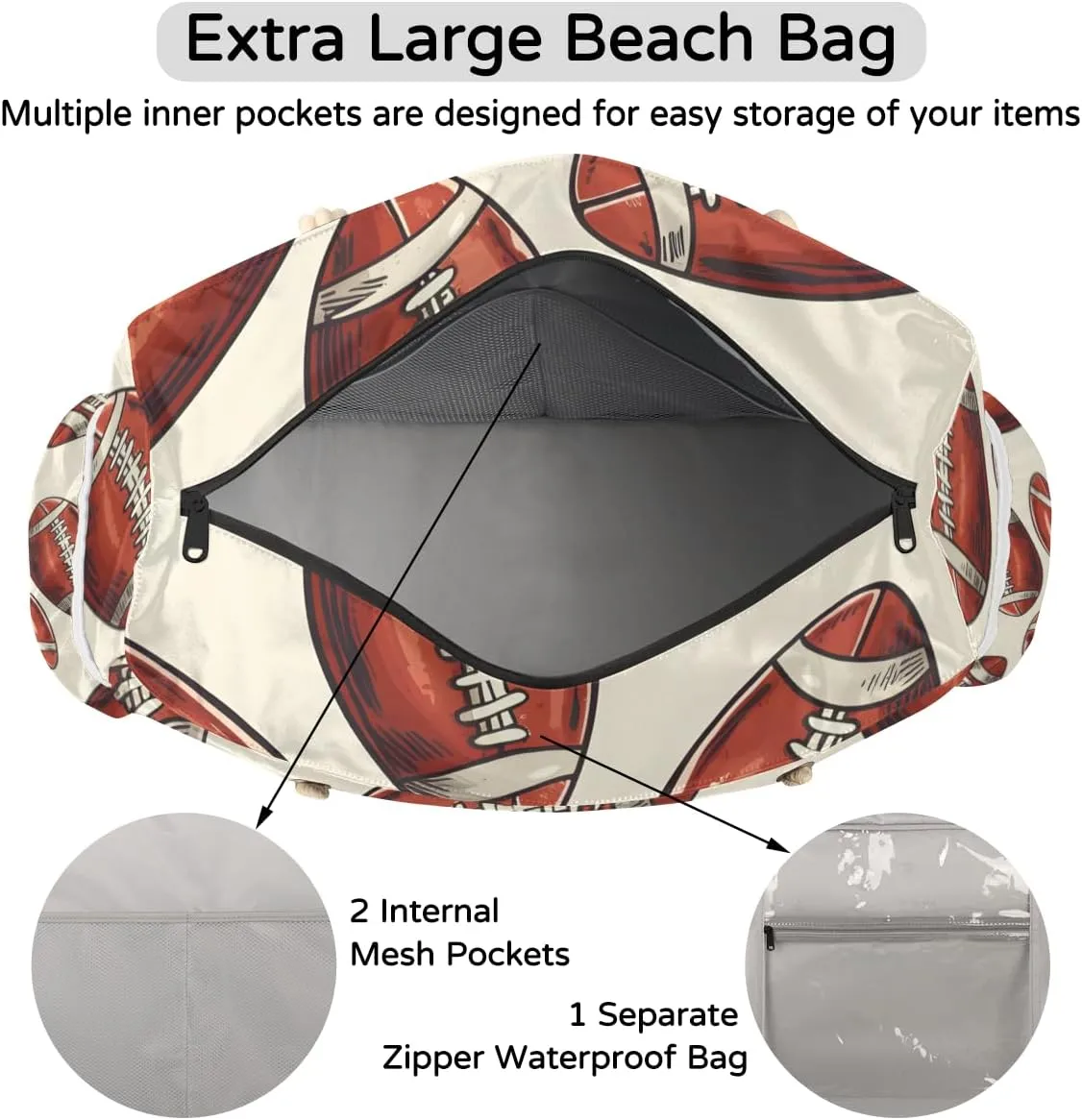 Sport Baseball Personalized Beach Bag for Women, Custom Name Waterproof Sandproof Pool Swim Bags