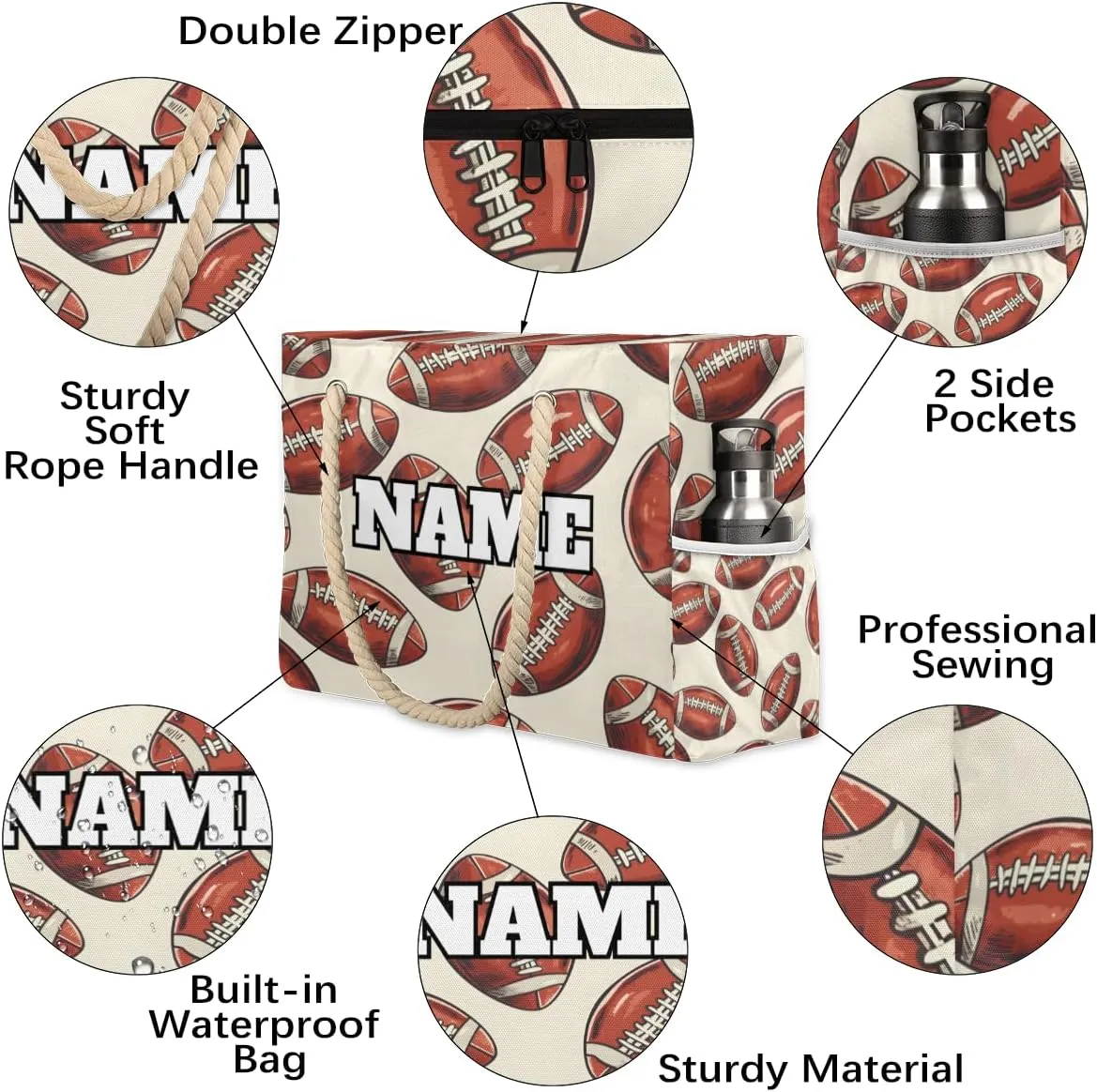 Sport Baseball Personalized Beach Bag for Women, Custom Name Waterproof Sandproof Pool Swim Bags