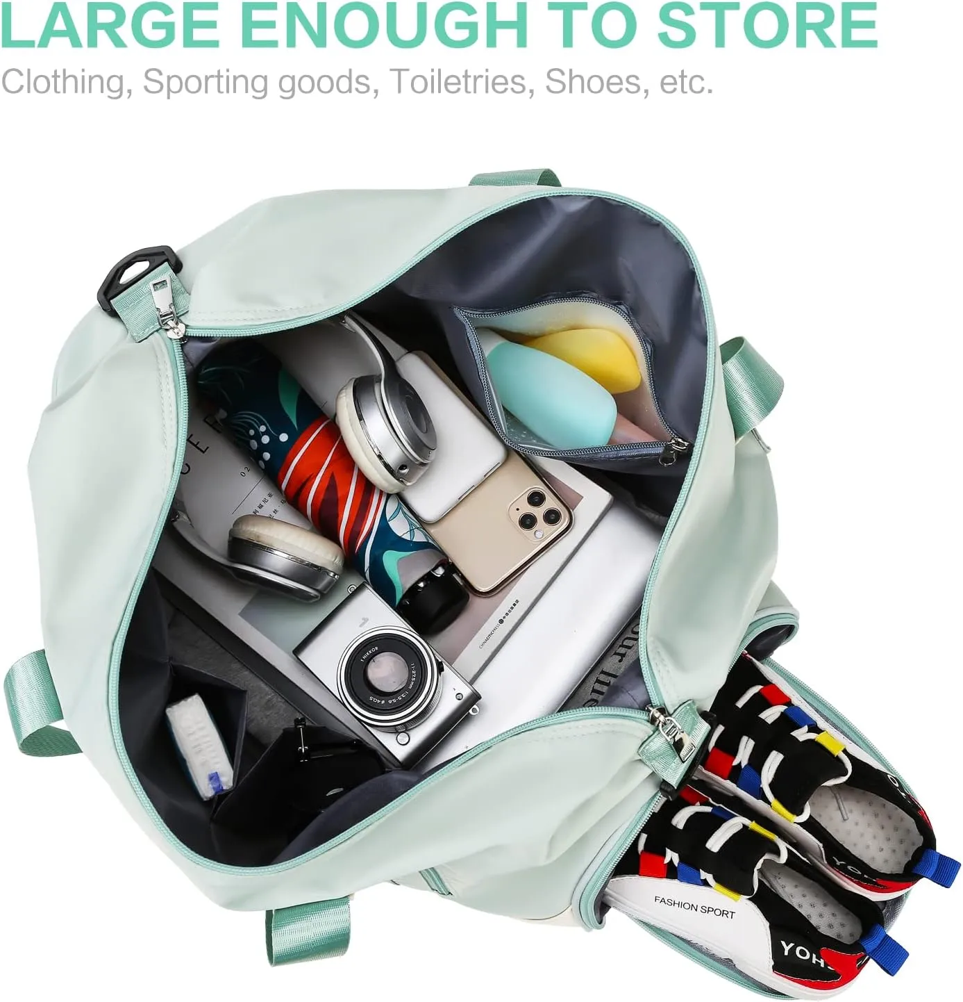 Sports Duffel Bags for Women and Men Portable gym bag with Wet Pocket & Separate Shoes Compartment Short Travel Organizer Tote Shoulder Bag, Green