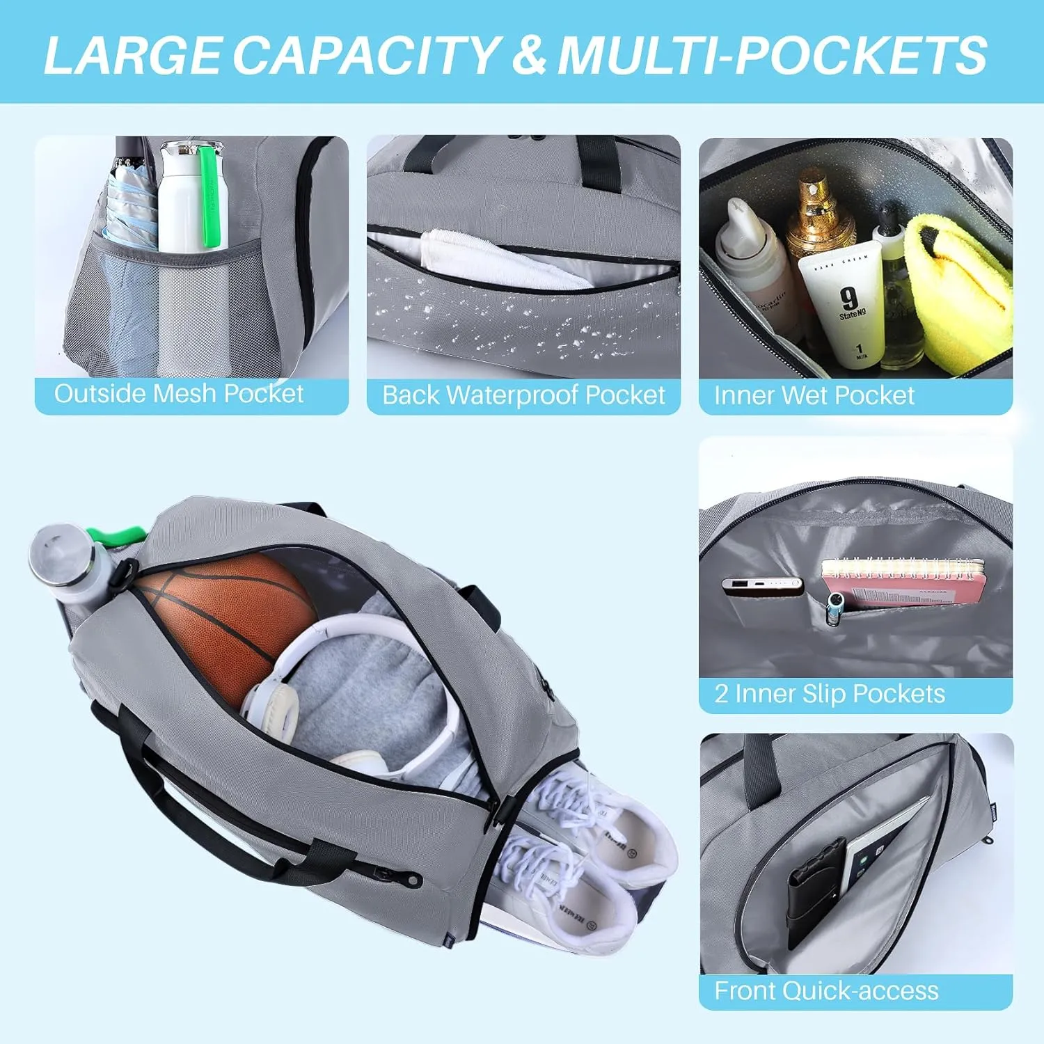 Sports Gym Bag for Women Men, Travel Workout Duffel Weekend Overnight Shoulder Bags with Shoes Compartment and Wet Pocket Lightweight Waterproof Hospital Silver Grey