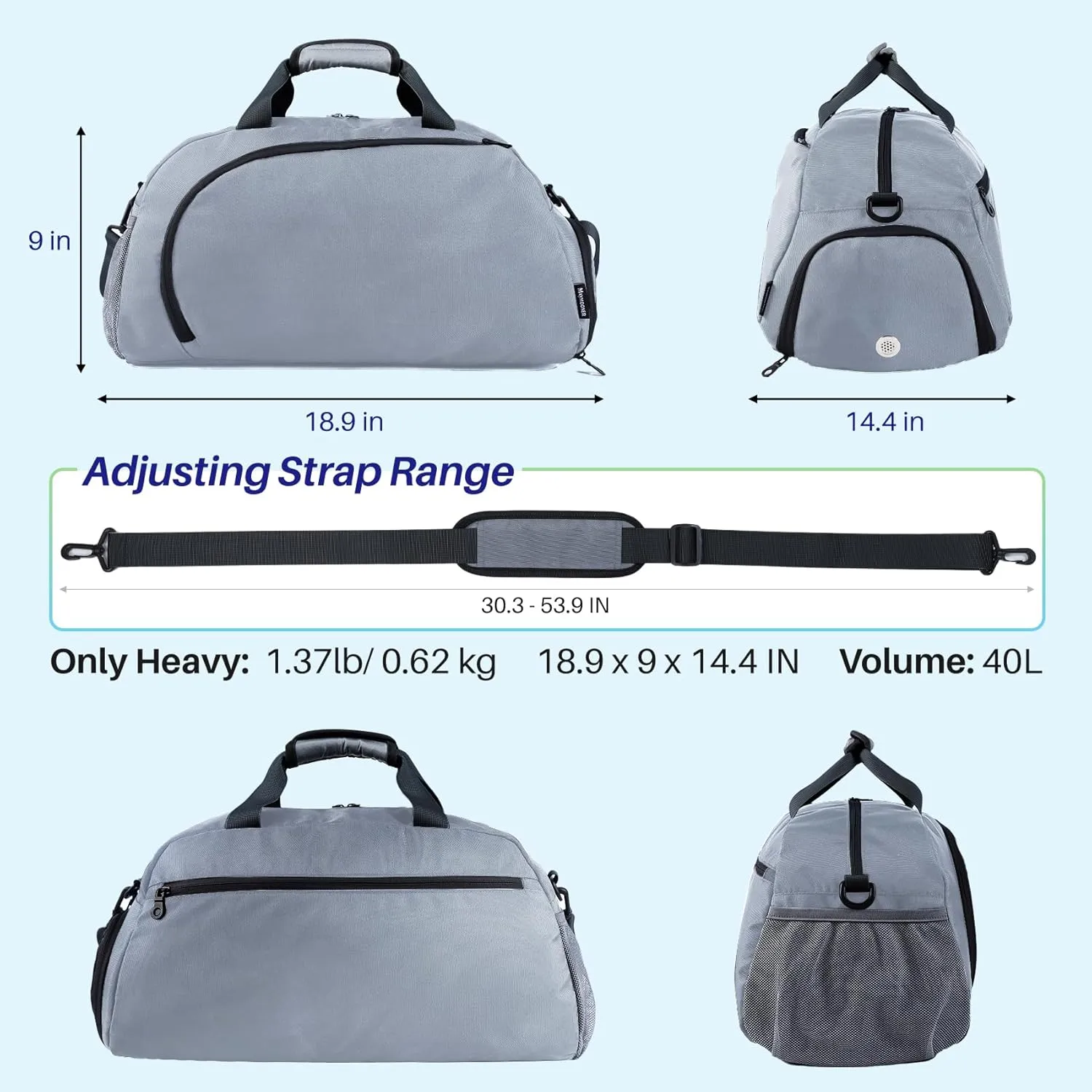 Sports Gym Bag for Women Men, Travel Workout Duffel Weekend Overnight Shoulder Bags with Shoes Compartment and Wet Pocket Lightweight Waterproof Hospital Silver Grey
