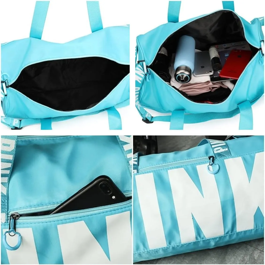 Sports Gym Bag Large Capacity Travel Duffel Bag Sport Shoes Bag with Wet Pocket Compartment for Men and Women Lightweight Multiple Colors PINK Logo (Blue)