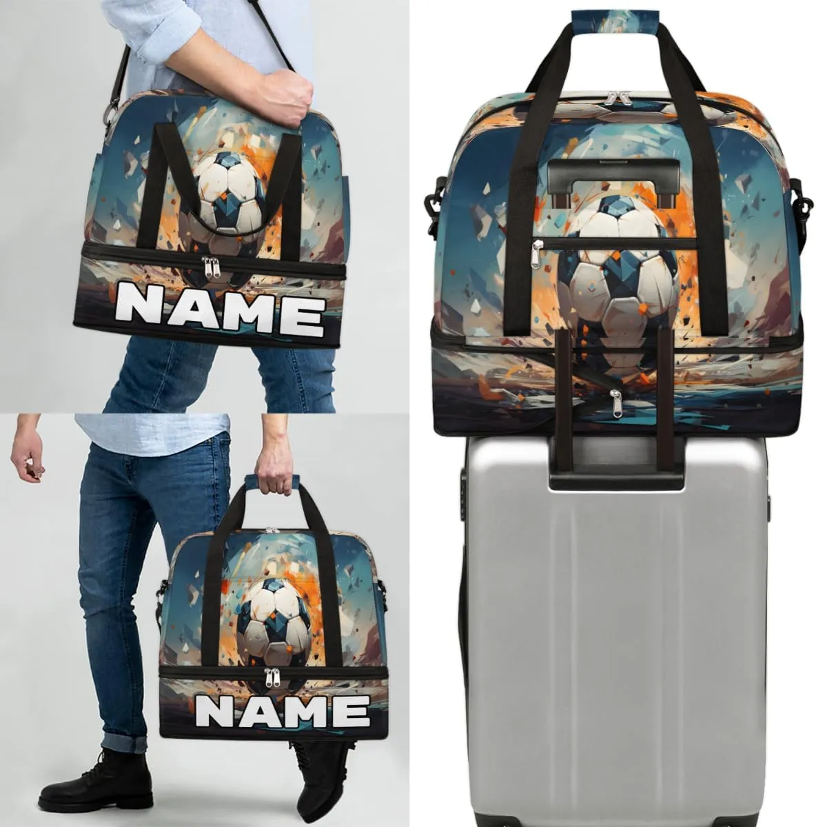 Sports Soccer Football Pattern Custom Foldable Duffle Bag with Shoes Compartment Personalized Large Capacity Waterproof Travel Weekender Bag Overnight Bag for Sports Gym