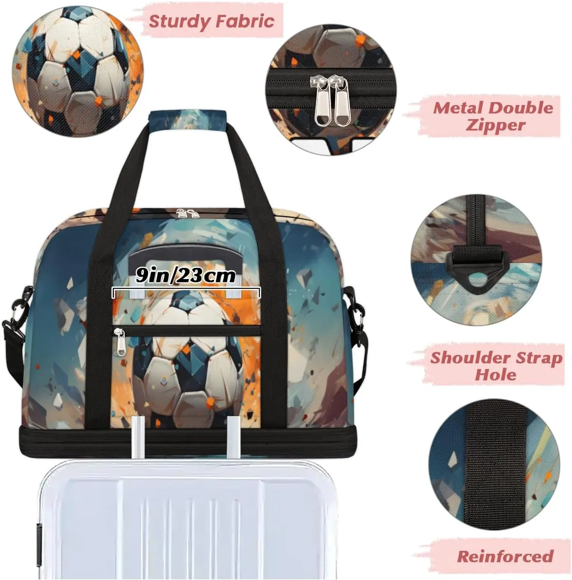 Sports Soccer Football Pattern Custom Foldable Duffle Bag with Shoes Compartment Personalized Large Capacity Waterproof Travel Weekender Bag Overnight Bag for Sports Gym