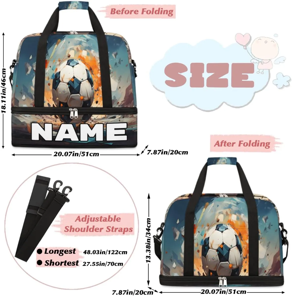 Sports Soccer Football Pattern Custom Foldable Duffle Bag with Shoes Compartment Personalized Large Capacity Waterproof Travel Weekender Bag Overnight Bag for Sports Gym