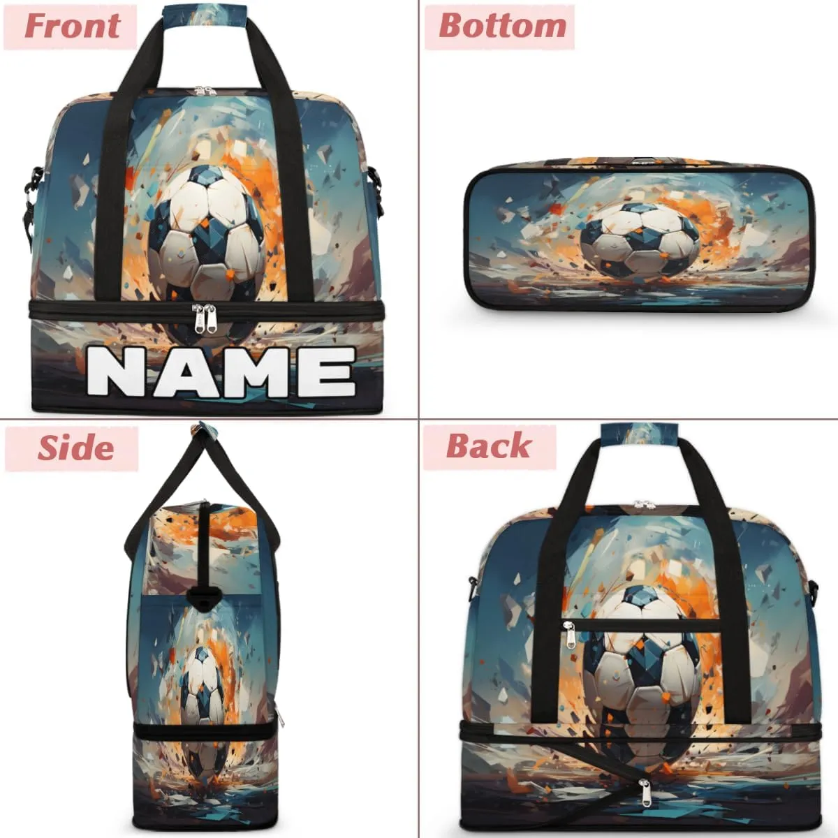 Sports Soccer Football Pattern Custom Foldable Duffle Bag with Shoes Compartment Personalized Large Capacity Waterproof Travel Weekender Bag Overnight Bag for Sports Gym