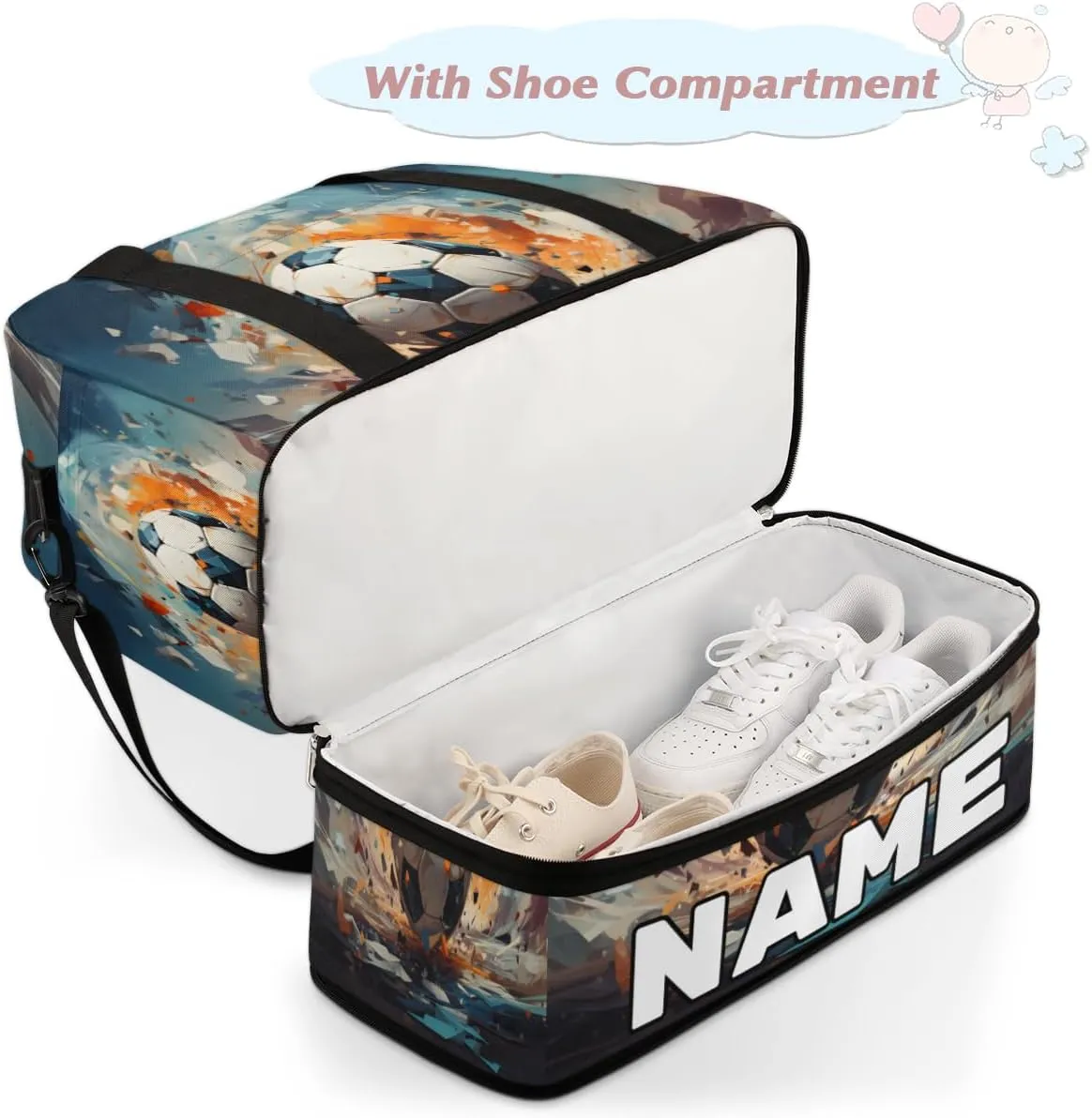 Sports Soccer Football Pattern Custom Foldable Duffle Bag with Shoes Compartment Personalized Large Capacity Waterproof Travel Weekender Bag Overnight Bag for Sports Gym