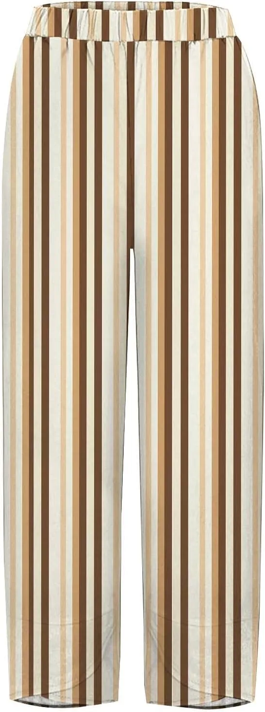 Striped Linen Pants Women 2025 Plus Size Wide Leg Cropped Pants Summer High Waist Lightweight Trousers with Pockets