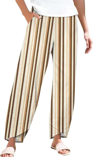 Striped Linen Pants Women 2025 Plus Size Wide Leg Cropped Pants Summer High Waist Lightweight Trousers with Pockets