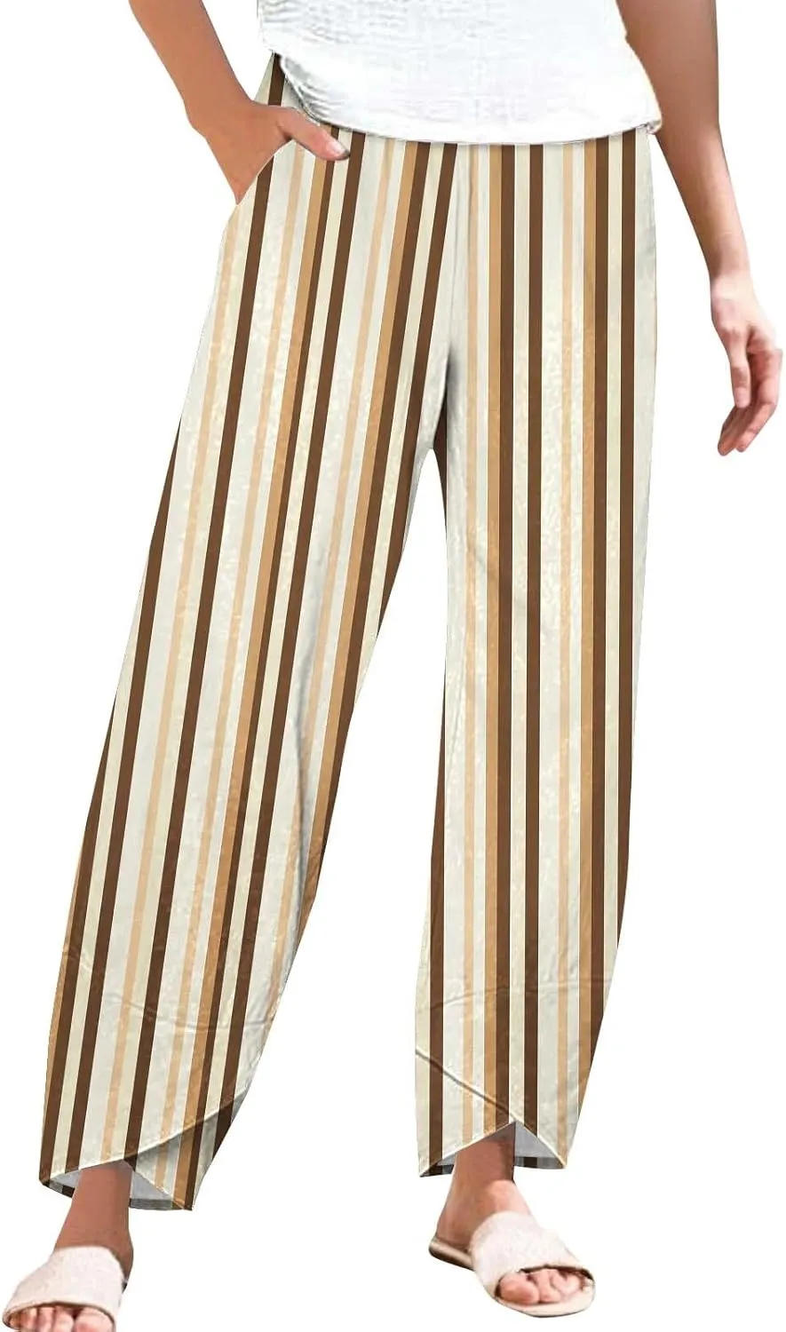 Striped Linen Pants Women 2025 Plus Size Wide Leg Cropped Pants Summer High Waist Lightweight Trousers with Pockets
