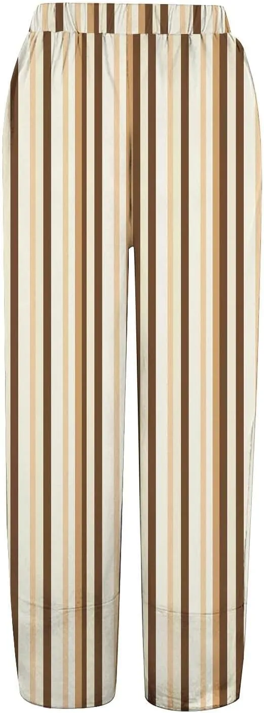 Striped Linen Pants Women 2025 Plus Size Wide Leg Cropped Pants Summer High Waist Lightweight Trousers with Pockets