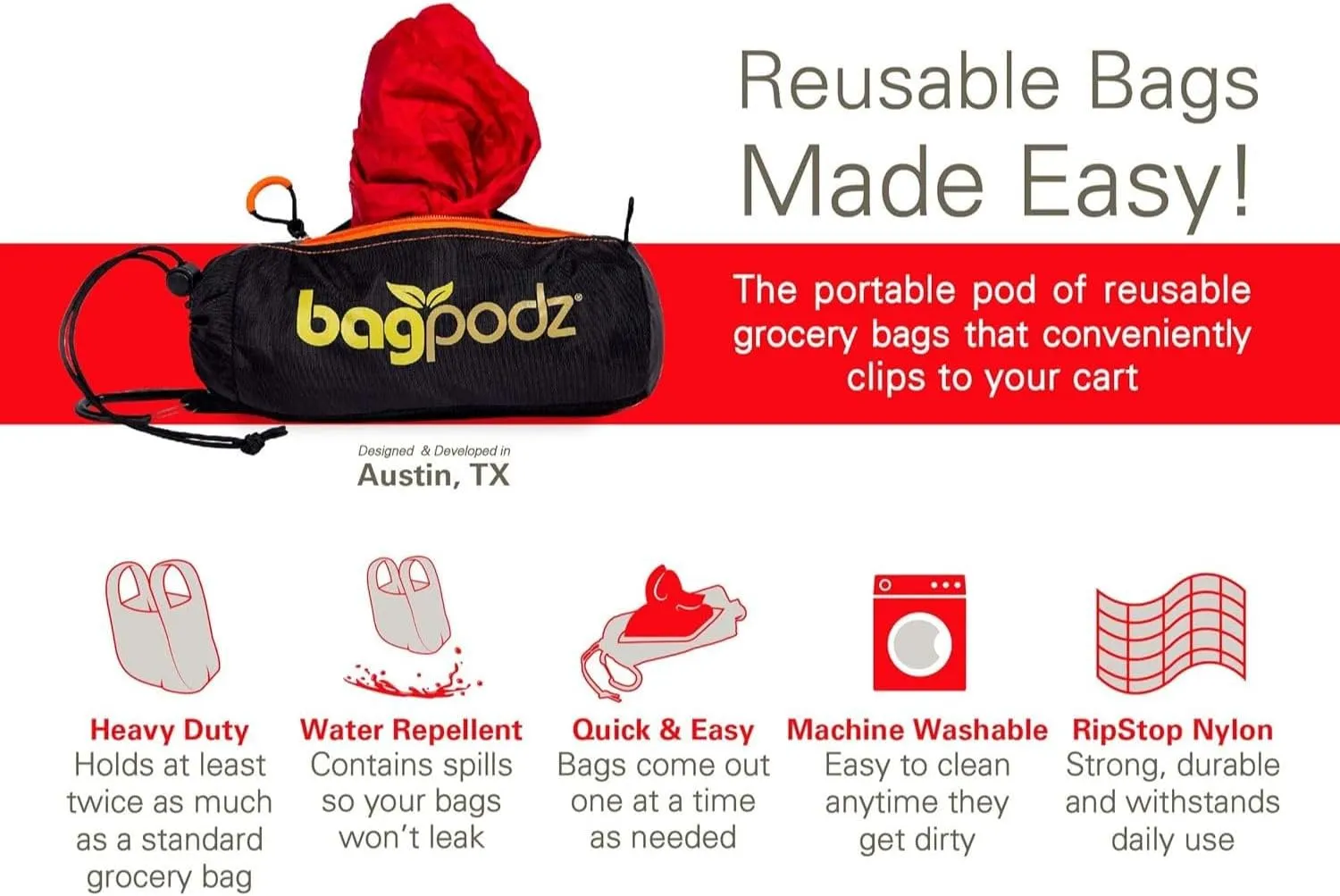 Sturdy Reusable Grocery Bags Foldable and Washable - Made From RipStop Nylon Hold 50lbs - Designed in USA Reusable Shopping Bags Inside a Compact Pod with Carry Clip - 5 Pack in Red
