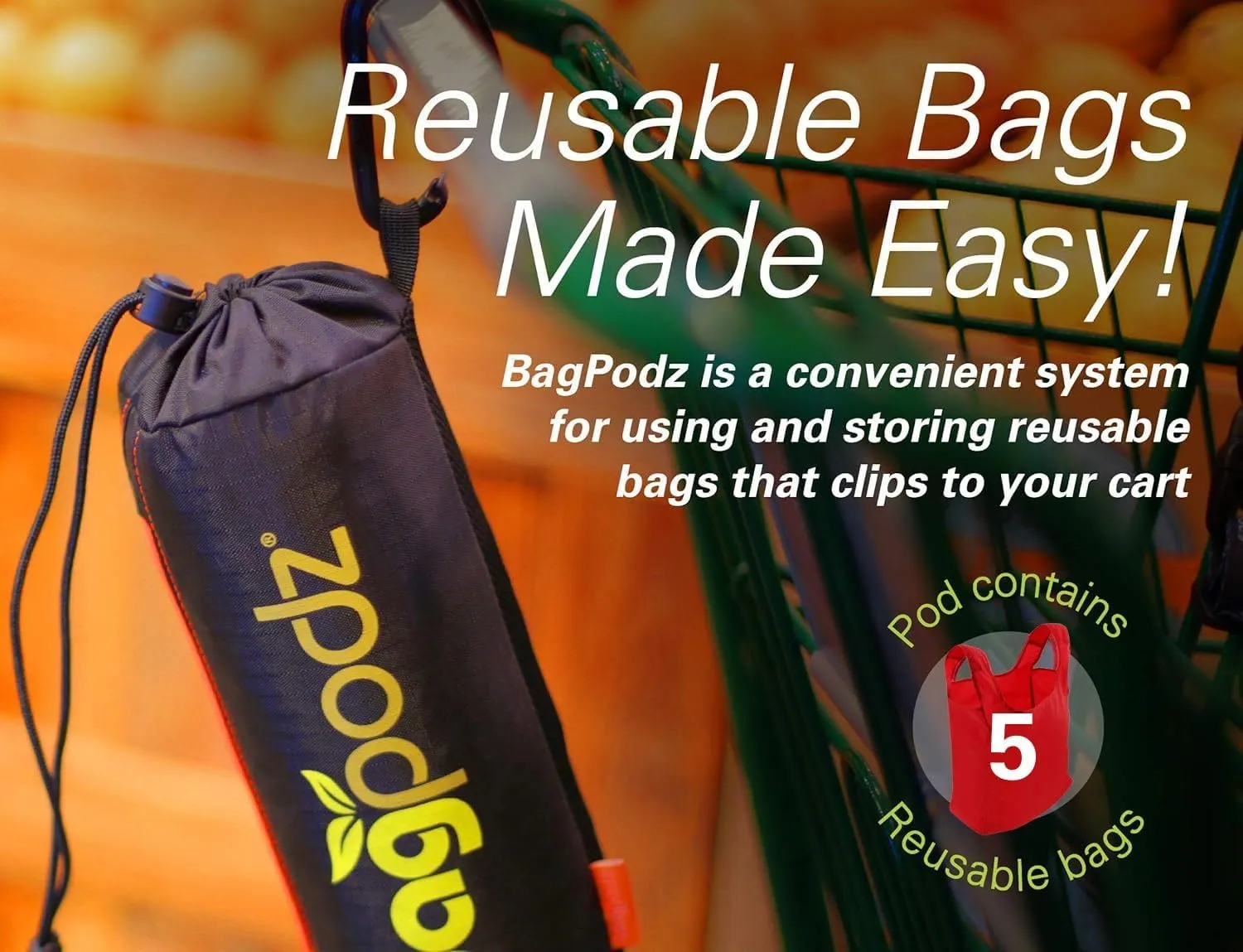 Sturdy Reusable Grocery Bags Foldable and Washable - Made From RipStop Nylon Hold 50lbs - Designed in USA Reusable Shopping Bags Inside a Compact Pod with Carry Clip - 5 Pack in Red