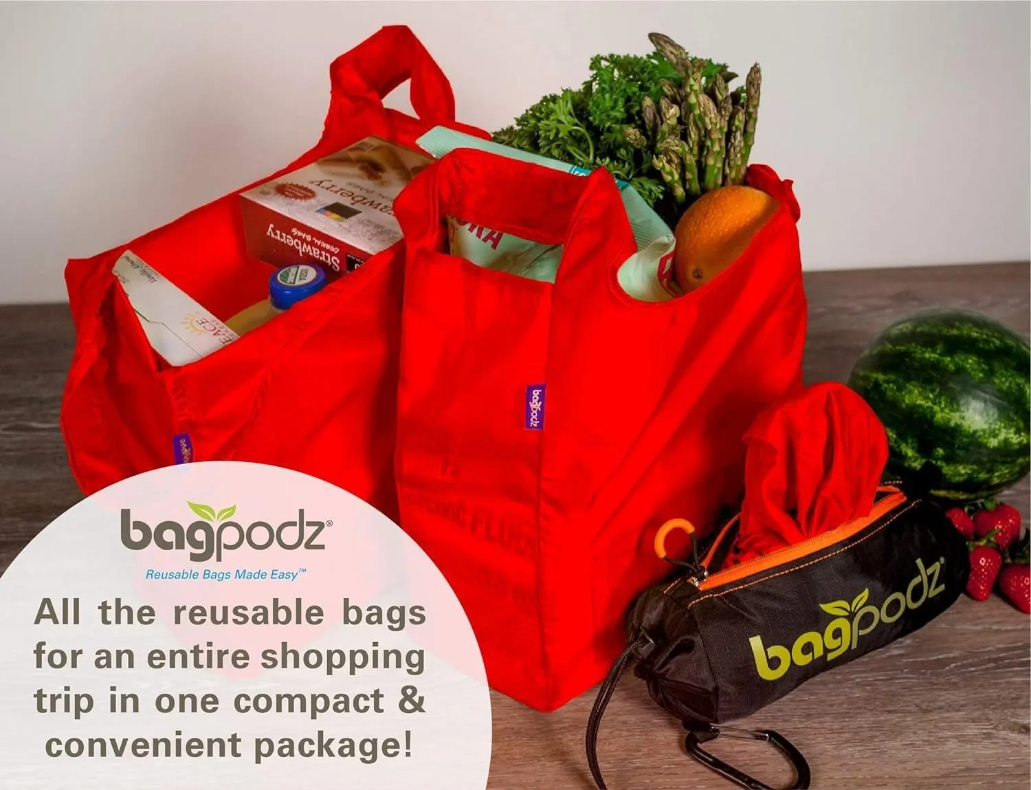 Sturdy Reusable Grocery Bags Foldable and Washable - Made From RipStop Nylon Hold 50lbs - Designed in USA Reusable Shopping Bags Inside a Compact Pod with Carry Clip - 5 Pack in Red