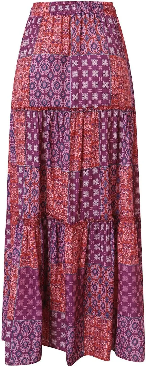 Summer Boho Floral Mixi Skirts for Women Girls A-Line Long Pleated Waist Flowy Swing Tiered Long Skirt with Pockets
