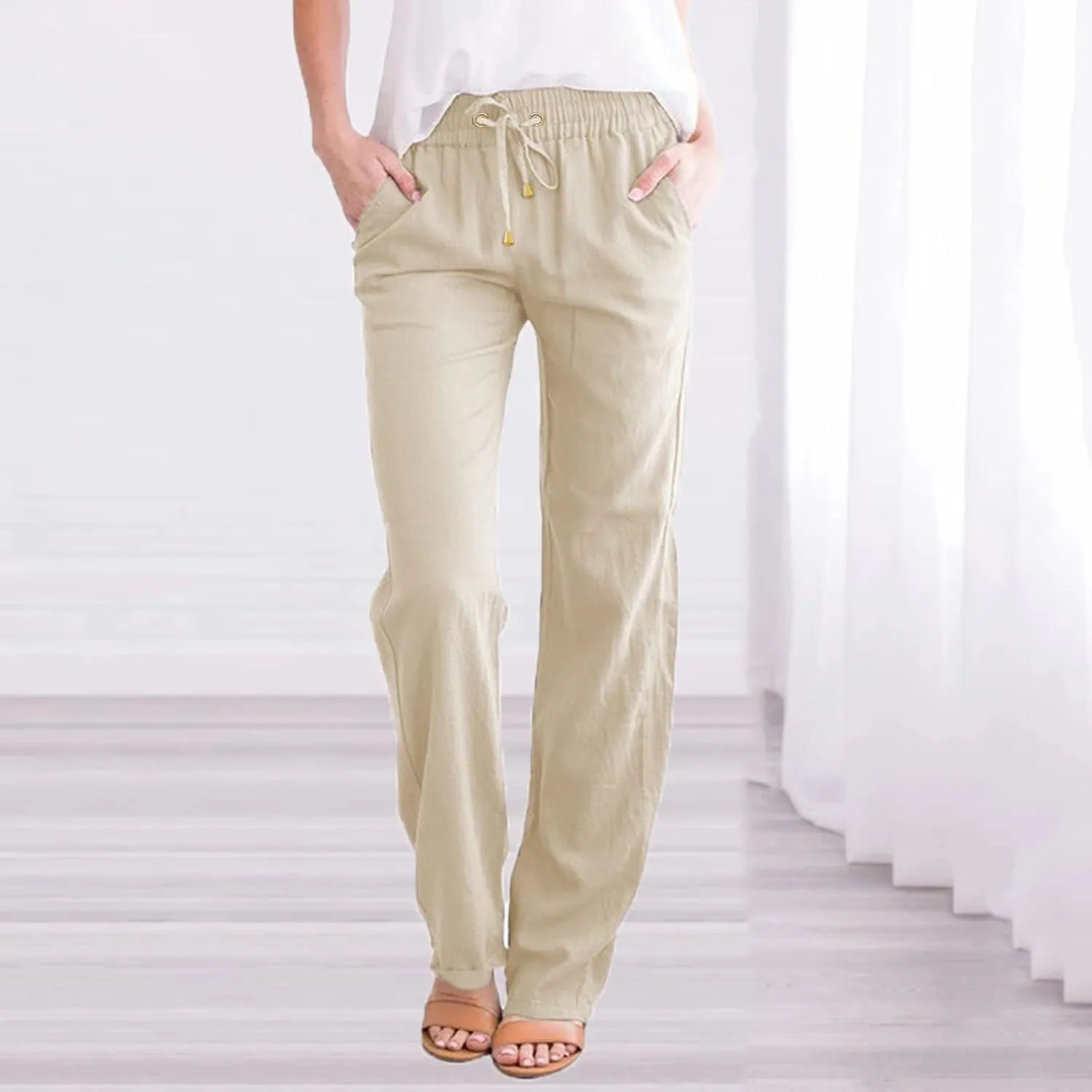 Summer Cotton Linen Pants Women Casual High Waist Loose Fit Beach Pants Drawstring Straight Leg Lounge Trousers with Pockets