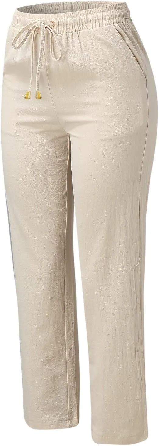 Summer Cotton Linen Pants Women Casual High Waist Loose Fit Beach Pants Drawstring Straight Leg Lounge Trousers with Pockets