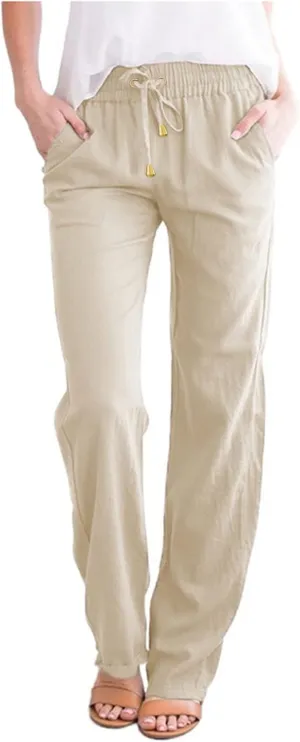 Summer Cotton Linen Pants Women Casual High Waist Loose Fit Beach Pants Drawstring Straight Leg Lounge Trousers with Pockets
