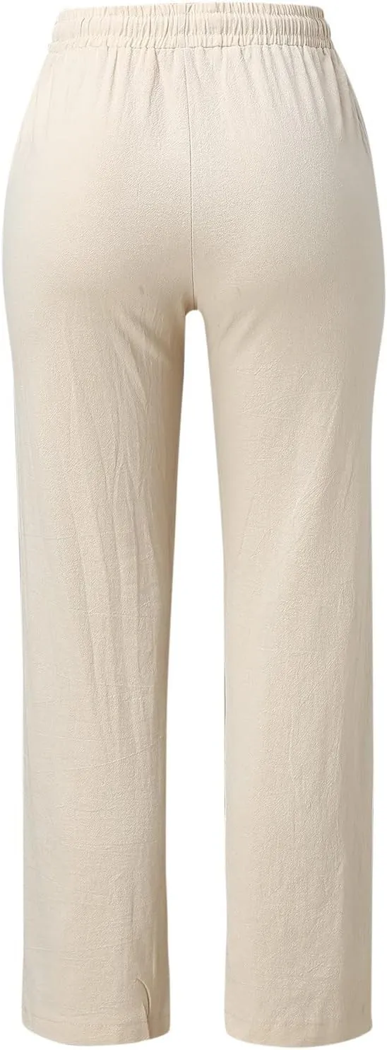 Summer Cotton Linen Pants Women Casual High Waist Loose Fit Beach Pants Drawstring Straight Leg Lounge Trousers with Pockets