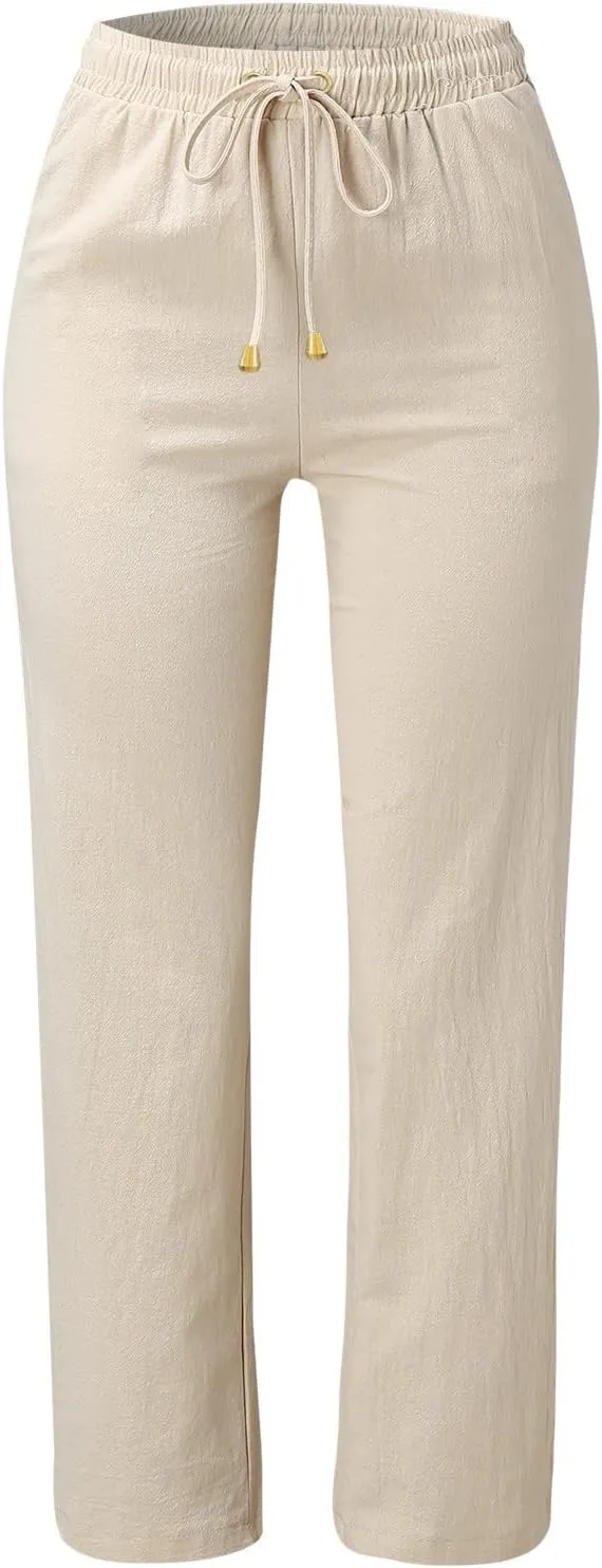 Summer Cotton Linen Pants Women Casual High Waist Loose Fit Beach Pants Drawstring Straight Leg Lounge Trousers with Pockets