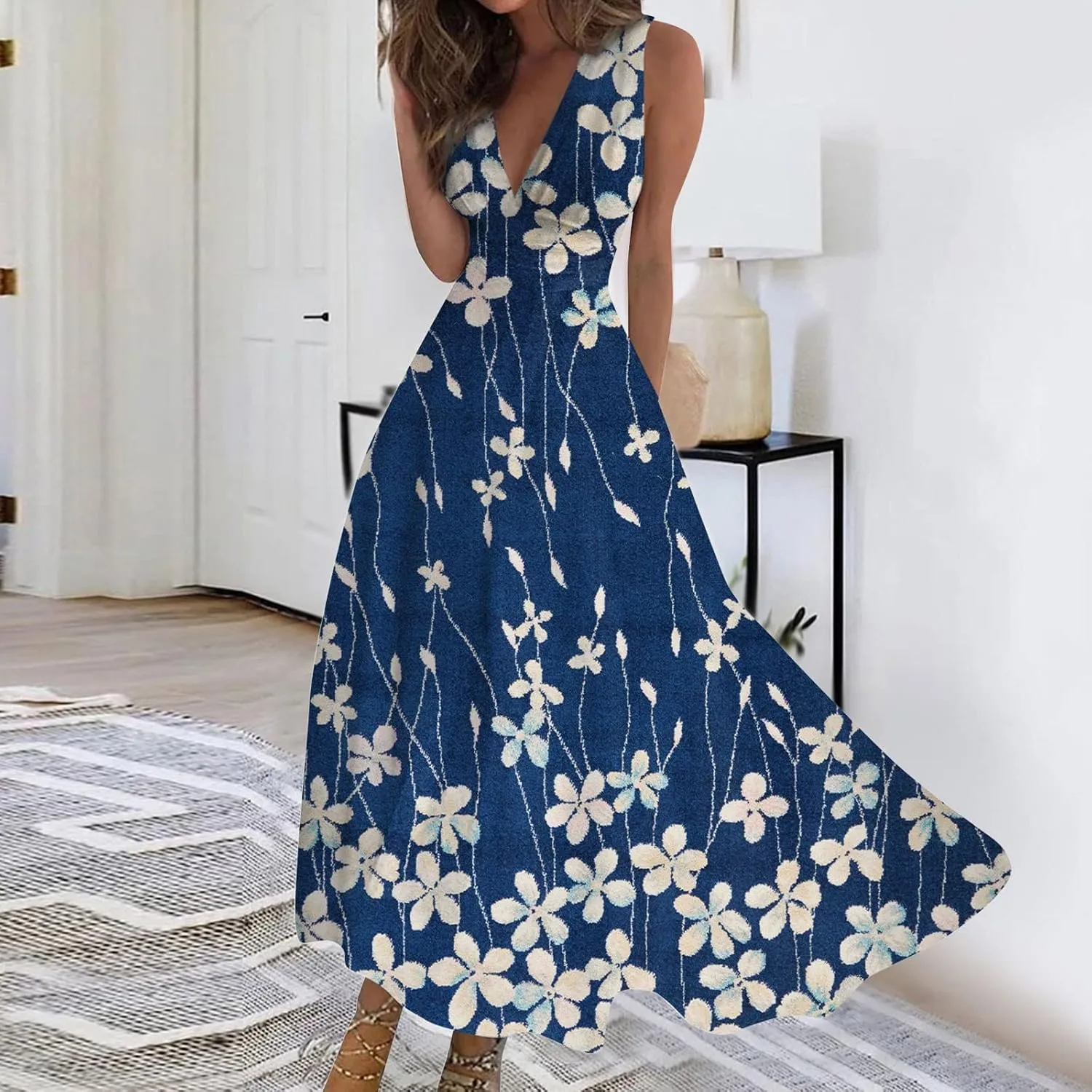 Summer Dresses for Women 2024 Floral Cold Shoulder Sleeve V Neck Holiday Dress Waist Retraction Ruffle Hem Gown Dresses