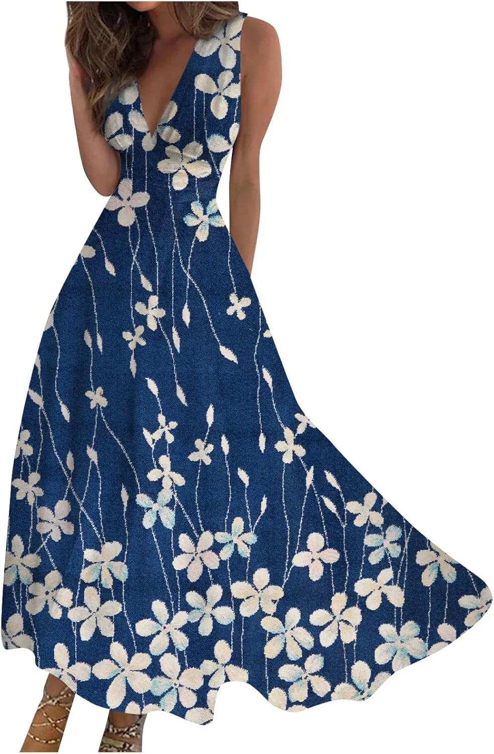 Summer Dresses for Women 2024 Floral Cold Shoulder Sleeve V Neck Holiday Dress Waist Retraction Ruffle Hem Gown Dresses