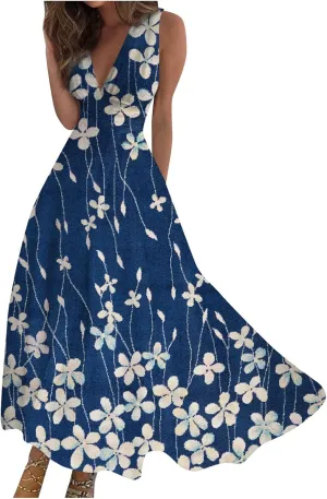 Summer Dresses for Women 2024 Floral Cold Shoulder Sleeve V Neck Holiday Dress Waist Retraction Ruffle Hem Gown Dresses