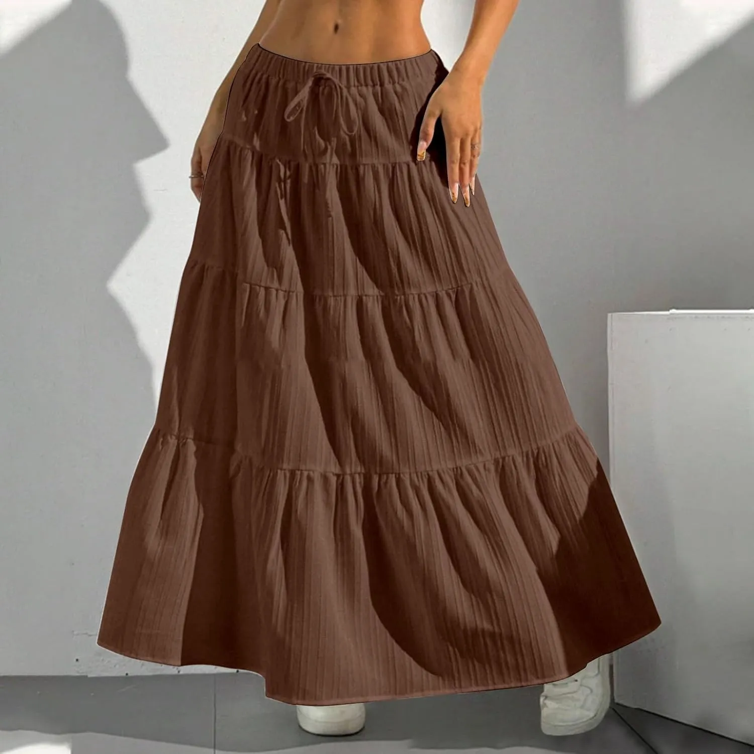 Summer Maxi Skirts for Women Elastic High Waist Pleated Flowy Long Skirts Trendy Casual Vacation Beach Clothes