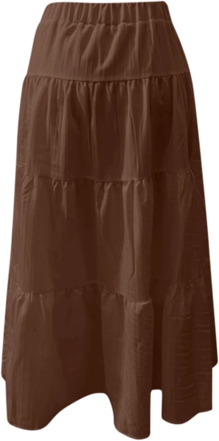 Summer Maxi Skirts for Women Elastic High Waist Pleated Flowy Long Skirts Trendy Casual Vacation Beach Clothes