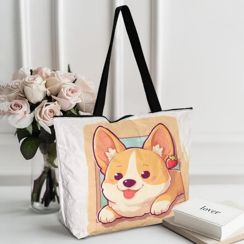 Summer Pineapple Watermelon 14'' Tote Bags, Cartoon Cat Corgi Dog Shoulder Bag, Tropical Island Scenery Handbags