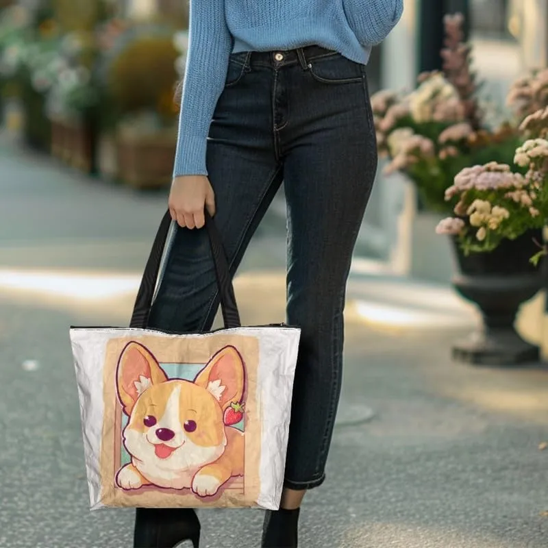 Summer Pineapple Watermelon 14'' Tote Bags, Cartoon Cat Corgi Dog Shoulder Bag, Tropical Island Scenery Handbags