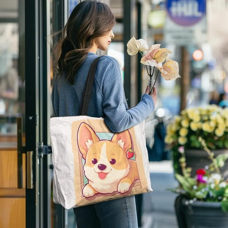 Summer Pineapple Watermelon 14'' Tote Bags, Cartoon Cat Corgi Dog Shoulder Bag, Tropical Island Scenery Handbags