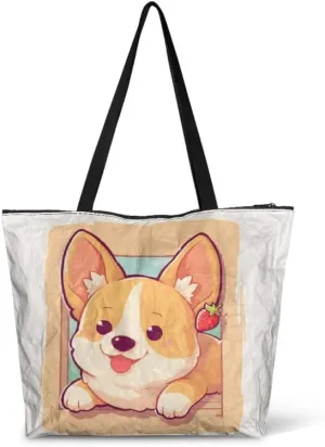 Summer Pineapple Watermelon 14'' Tote Bags, Cartoon Cat Corgi Dog Shoulder Bag, Tropical Island Scenery Handbags