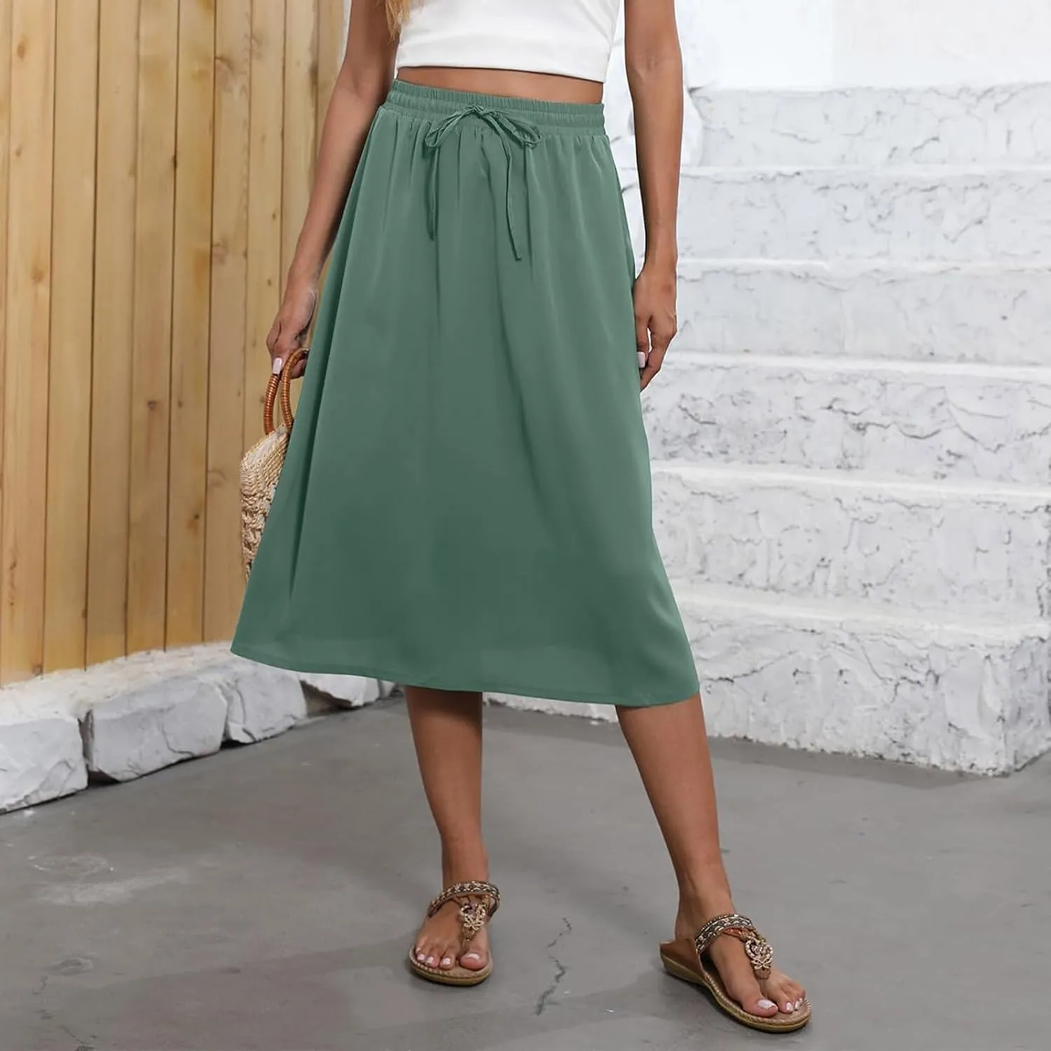 Summer Skirts for Women 2025 A Line Floral Print Midi Length Skirt Tie Knot Stretchy Beach Pleated Skirts with Pockets