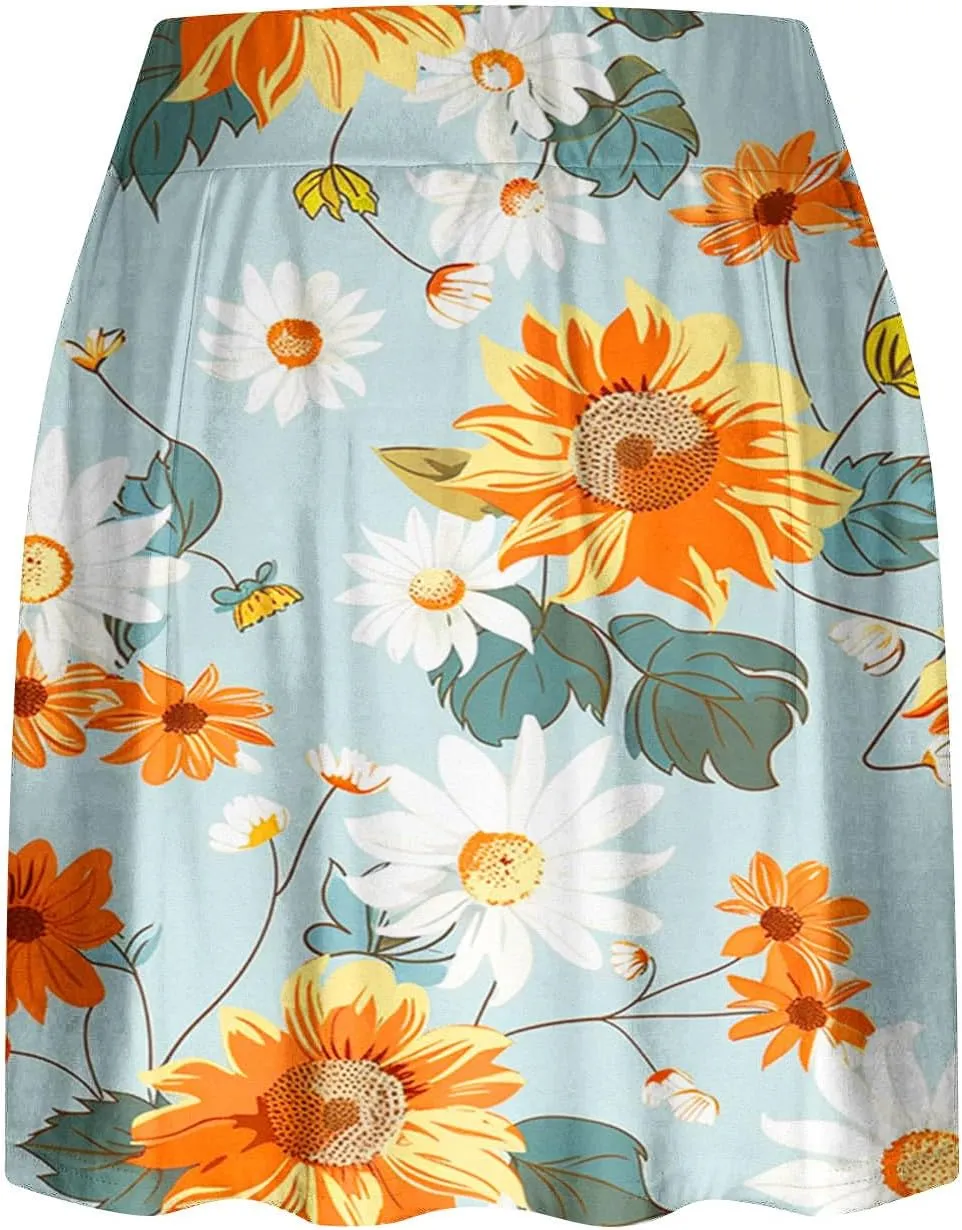 Summer Skorts for Women 2024 Trendy Floral Print High Waisted Flowy Skorts Casual Comfy Sport Skirts with Shorts
