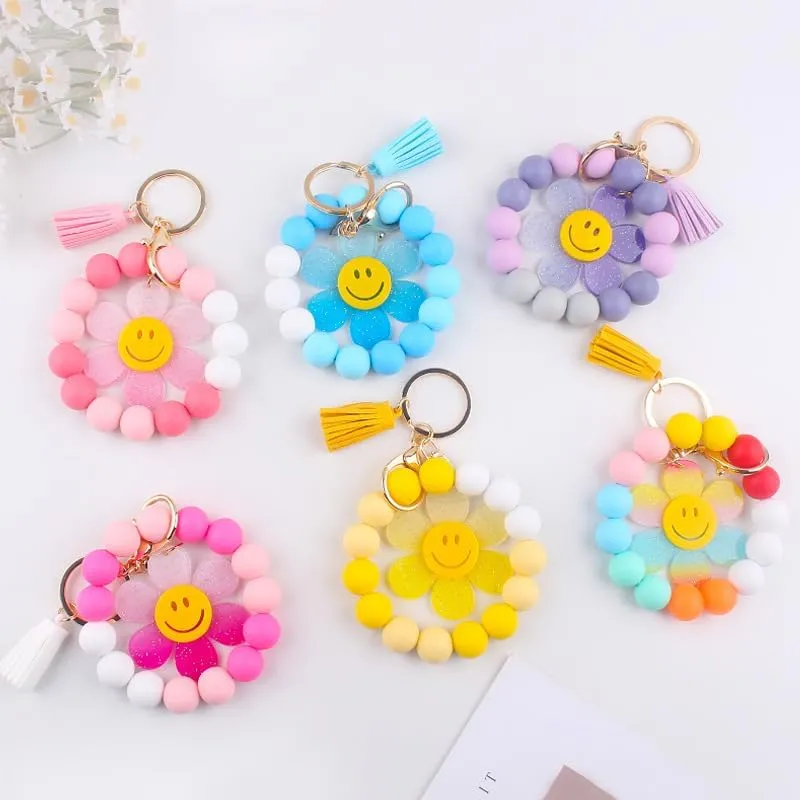 Sunflower Keychains Wristlet Cute Smile Keyrings for Women Girls Gifts Car Keys Wallet Backpack Accessories
