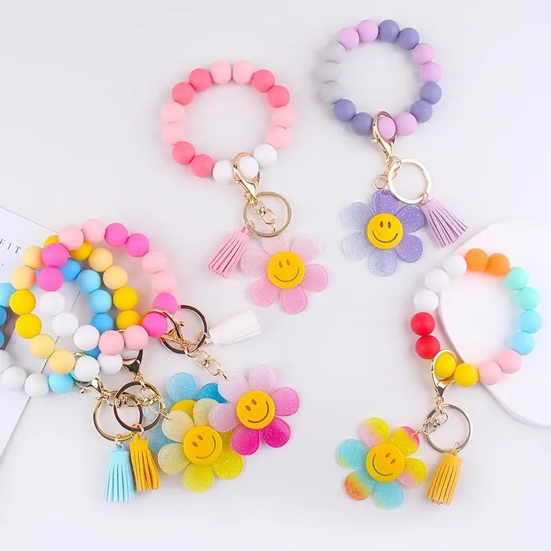 Sunflower Keychains Wristlet Cute Smile Keyrings for Women Girls Gifts Car Keys Wallet Backpack Accessories